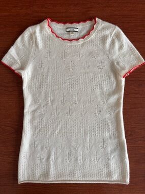 J.Crew 100% Cashmere Pointelle Scalloped Neck Sweater Ivory Coral Trim XS NWOT